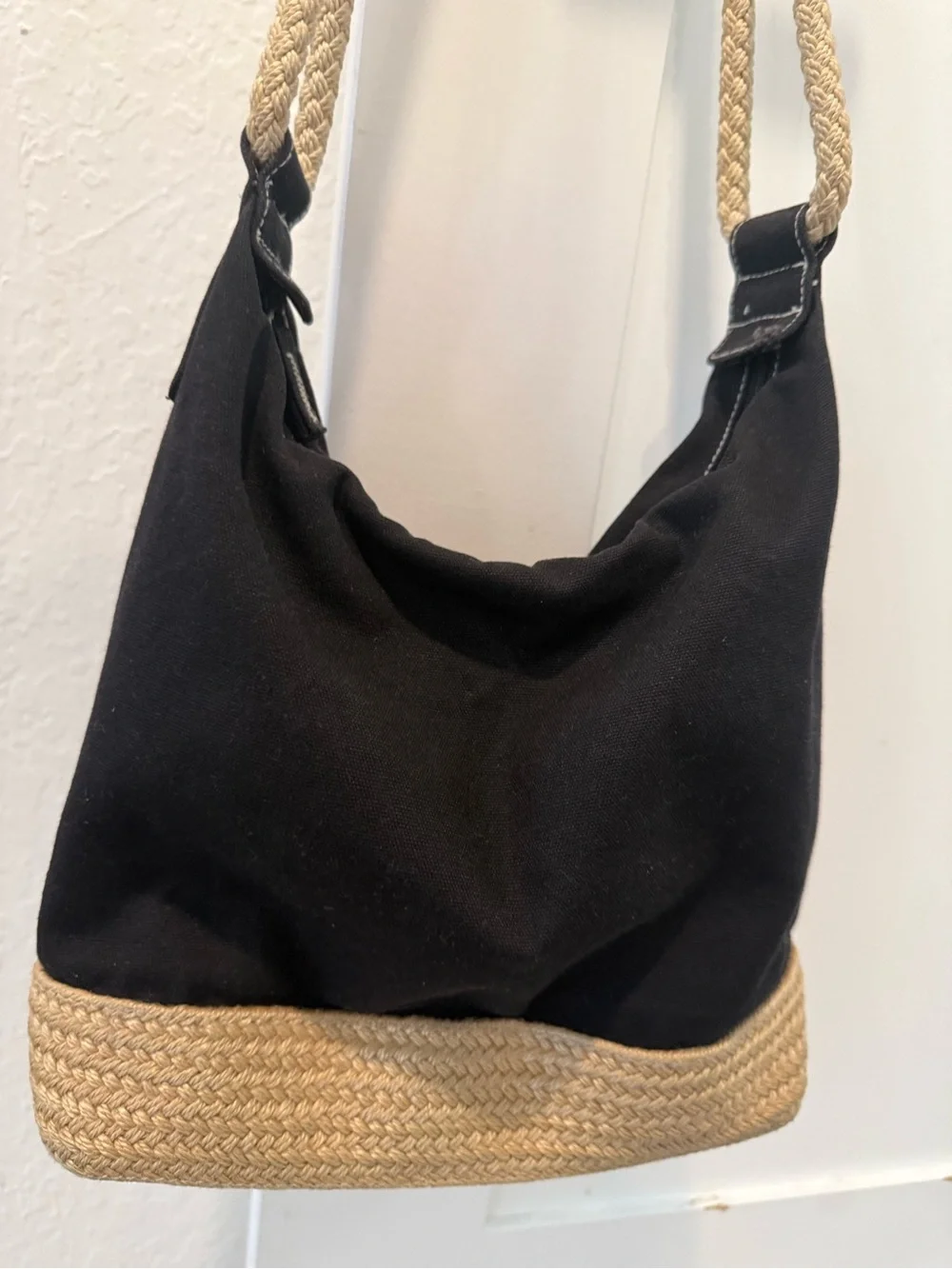 Women’s Black Canvas & Straw Shoulder Bag